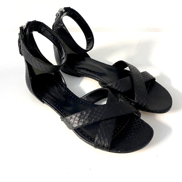 Alexa Wagner Black Sandal Leather Flat Criss Cross Open Toe Zip Snake An… - Picture 3 of 9